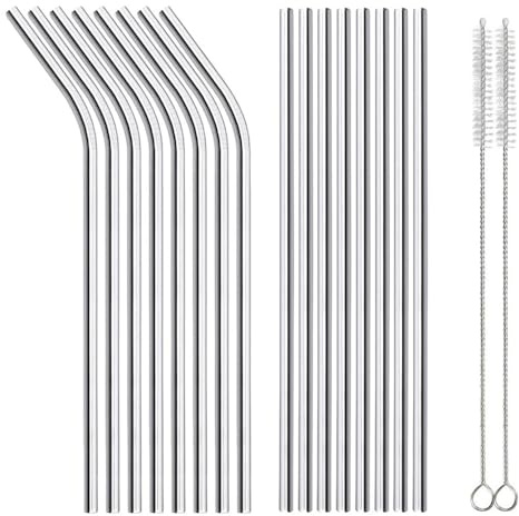 18 Pcs Stainless Steel Straws, Reusable Metal Drinking Straws with 2 Cleaning Brush for Smoothie, Milkshake, Cocktail and Hot Drinks