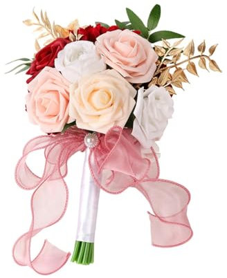 Generic Bouquet Sposa con Rose Sintetiche Da 29 Cm, Bouquet Da Lancio, Accessori per Foto, Bouquet Floreale con Nappa Artigianale, Rosso