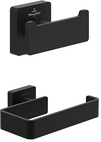 Villeroy & Boch Elements Striking set d'accessoires (2 en 1), carré – Noir | Set composé d'un crochet double pour serviettes, d'un porte-papier toilette sans couvercle
