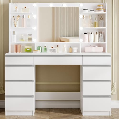 Hzuaneri Dressing Table with Bulb Light, Large Mirror Vanity Desk, White