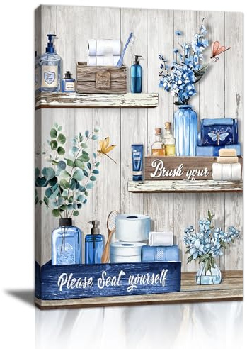 FajerminArt Rustic Blue Bathroom Canvs Wall Art, Vintage Country Please Seat Yourself Sign Pictures Wall Decor Green Eucalyptus Plants Flowers Wall Paintings for Decor Family Bathroom Artwork 30x40cm