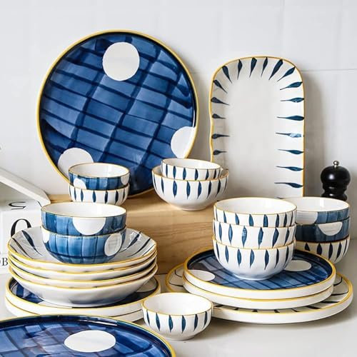 Service de Table en céramique, Assiettes et Bols | Service de Table Japonais 52 pièces - Assiette à Steak à Rayures Simples pour Cadeaux de Mariage, Bleu,