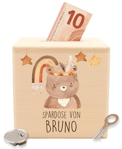 Kidsmood - Personalisierte Spardose Kinder mit Schlüssel aus Holz, Sparschwein Kinder mit Namen als Taufgeschenk, Geburtstagsgeschenk & Einschulungsgeschenk für Mädchen & Jungen - Bär (10x10 cm)