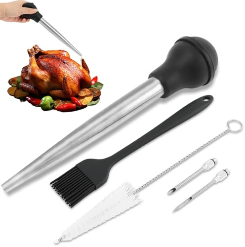 Turkey Baster for Cooking,Powerful Bulb Baster Syrin-ge,Stainless Steel Turkey Basters Syrin-ge with Barbecue Basting Brush and 2 Marinade Needles and Cleaning Brush(Black)