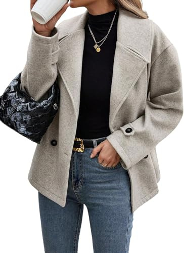 Lazutom Chaqueta de lana corta con solapa para mujer, abrigo de invierno con doble solapa, ajuste holgado, blazer elegante, gris claro, XL