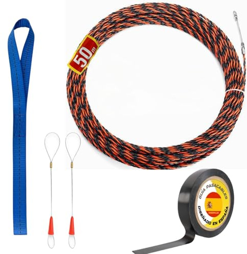DISERPLUS | Guía Pasacables 50m x 4,5mm + Cinta sujeta Guía, Cinta Aislante y 2 Cables Acerado, Uso Profesional Electricista, Poliester Trenzado