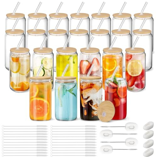 Cafultgo Smoothie Cups 24 Pack Glass Tumbler with Straw and Lid 16OZ Glass Cup Iced Coffee Cups Drinking Cup Set with Wooden Lids Home Essential Glass Tumblers for Beer Tea and Latte Clear