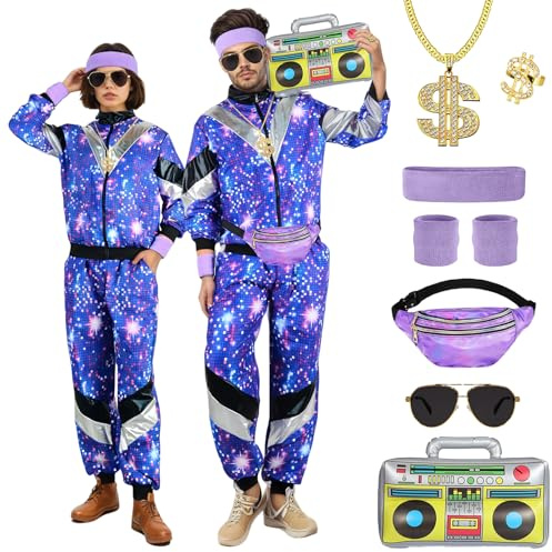 BITOYO Costumi Anni '80 Anni '90 Uomo Donna, Costume Tuta Anni '80 Tuta Retrò con con Marsupio Occhiali Fascia per Polsini Gonfiabile Boom Box, Completo Anni '80 Costumi in Maschera per Carnevale