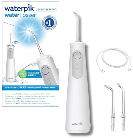 Waterpik WF-27 Pearl, Hydropulseur Sans Fil, Recommandé par l’UFSBD, Jet dentaire Rechargeable, Elimine la Plaque, 2 Niveaux de Pression, 60 Secondes de Nettoyage, 3 Embouts Inclus, Waterproof, Blanc