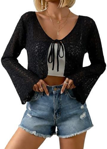Coloquin Womens Bell Long Sleeve Crochet Knit Bolero Shrug Tie Front Open Front Cropped Cardigan Going Out Tops Black L