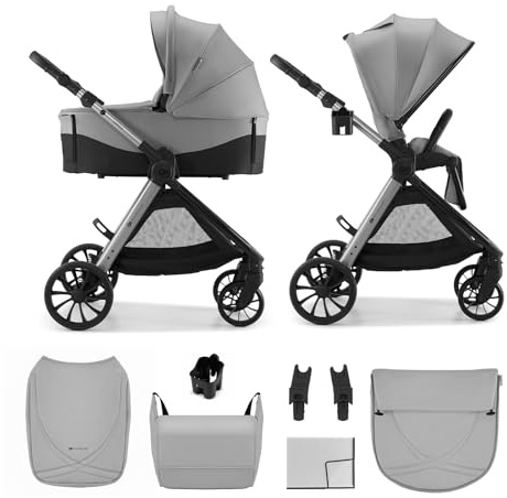Kinderkraft VESTO 2 Kombibarnvagn, 2-i-1, buggy och babybadkar, från födseln upp till 22 kg, dubbelsidig sitsenhet, vikbar självställning, fjädringning, resesystem, grå