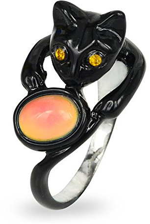 FUN JEWELS - Bague d'humeur en forme de chat - avec pierre ovale - change de couleur - pour les amis des animaux - noir - 59