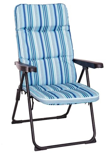 LOLAhome Sillón de Jardín Acolchado y Reclinable en 4 Posiciones Azul. Estructura de Tubo de Acero anticorrosión y Lona a Rayas. Colchón de 5 cm de Grosor, Plegable. 61x58x106 cm.