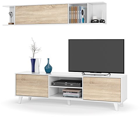 Dmora - Parete attrezzata Buffalo, Mobile da soggiorno porta TV, Composizione per salotto con pensile, 180x41h51 cm, Bianco e Rovere