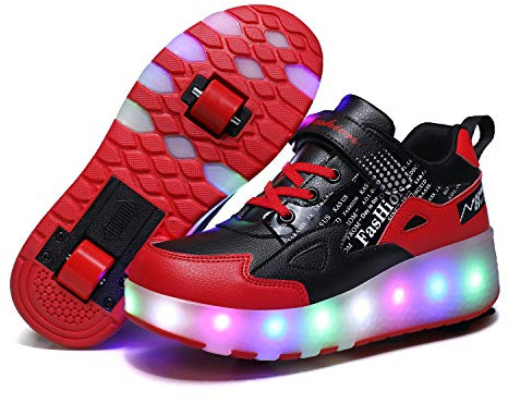 Unisex Kinder LED Licht USB Wiederaufladbar Skateboardschuhe mit Rollen Drucktaste Einstellbare Inline Skates Outdoor Sport Fitnessschuhe Gymnastik Running Sneaker für Jungen Mädchen