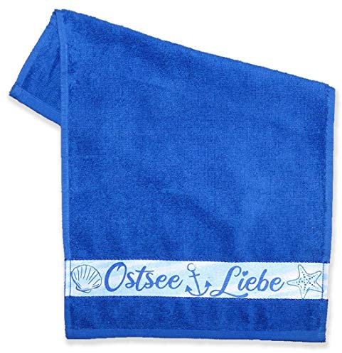 Fördeblau Maritimes Gästehandtuch 'Ostsee Liebe' - 30x50 cm, Blau, Baumwolle mit Muschel und Anker Design - Stilvolles Badezimmer-Accessoire
