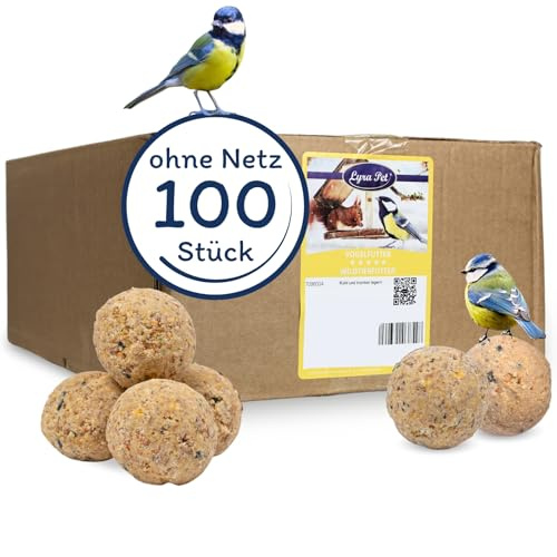 Lyra Pet® | 100 Meisenknödel ohne Netz je 90 g = 9 kg | HK Bulgarien | Kraftspendendes Fettfutter | Nahrhafte Ganzjahresknödel für Sommer & Winter | Ideal für Futterhäuser | Gourmetsnack Gartenvögel | Energielieferant für Wildvögel - Mineralstoffreiches Wildvogelfutter für das ganze Jahr - Fetthaltig & Nährstoffreich