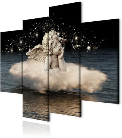 decomonkey Wandbilder Set Engel 126x98 cm 4 Teilig Leinwandbilder Wanddeko | Strukturleinwand, Holzkeilrahmen, Bild auf Leinwand, Kunstdruck, Wohnzimmer, Wanddekoration, Sterne, Wolken