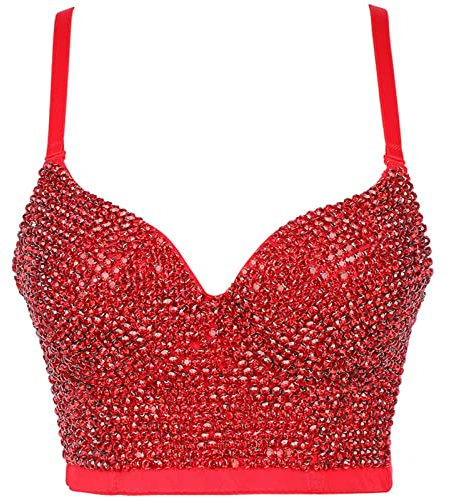 VIVICOLOR Glänzendes Strass Korsett Crop Top Damen Gemstone Bustier BH Sparkle Clubwear Party Push Up Weste