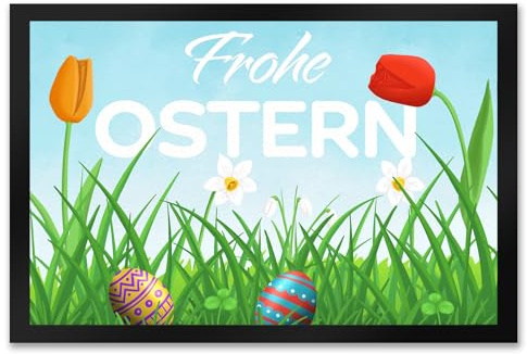 speecheese Frohe Ostern Fußmatte XXL in 50x75 cm mit grüner Blumenwiese und bunten Ostereiern als Dekoration für Ostern schöner Fußabstreifer für die Osterzeit und den Ostersonntag mit der