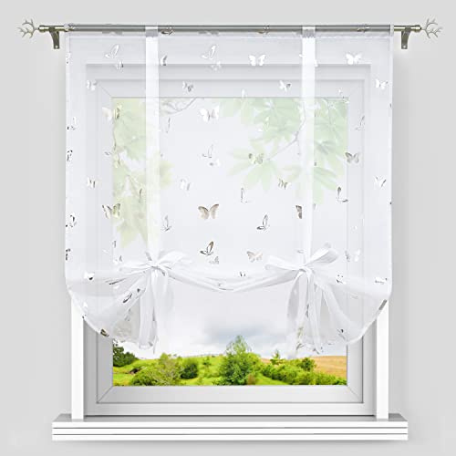 Heichkell Raffrollo, Schmetterling-Dekomuster, Silber BxH 140x140 cm | Rollo mit Tunnelzug, Voile Raffgardine, Modern Kleinfenster Küchengardine, Glänzende Gardine