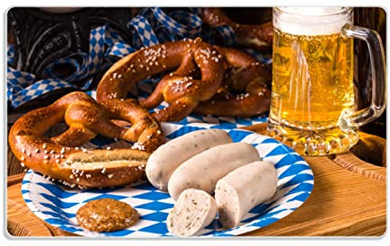 Wallario Frühstücksbrettchen aus Glas, Glasunterlage, Glasbrettchen Bayerische Brotzeit mit Weißwurst, Brezel und Bier, Größe 14 x 23 cm, Sicherheitsglas