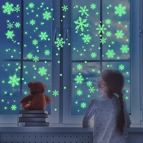 BSITSSS 125 Stück Fensterbilder Weihnachten Winterdeko,Fluoreszierend Schneeflocken Deko Fensterdeko,Fensterbilder Winter Weihnachten Aufkleber Statisch Haftende PVCFensterbilder Party Deko(A)
