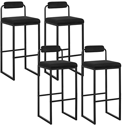 WOLTU 4 x barstol med fotstöd, barnstol med ryggstöd, sammetstoppad pall av metall, ergonomisk pall, svart BH343sz-4