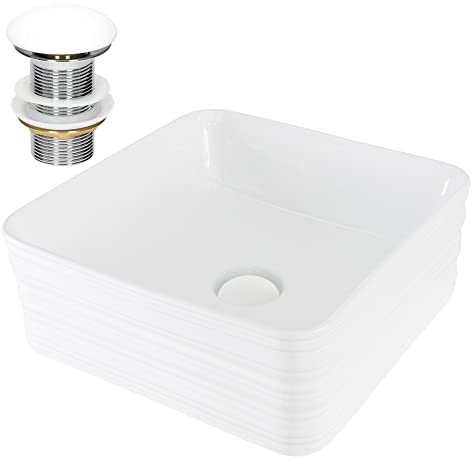 ML-Design Lavabo da Appoggio in Ceramica Bianco Lucido Quadrato 39 x 39 x 15 cm Lavandino con Set di Scarico in Ceramica Bianca Lavello Lavamani Piletta Drenaggio Sanitari per Bagno in Design Moderno