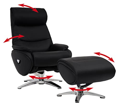Relaxsessel mit Hocker HWC-K98AM, Fernsehsessel Sessel, Liegefunktion drehbar, Metall Echtleder/Kunstleder - schwarz | Fernsehsessel, Sessel, Liegefunktion, drehbar