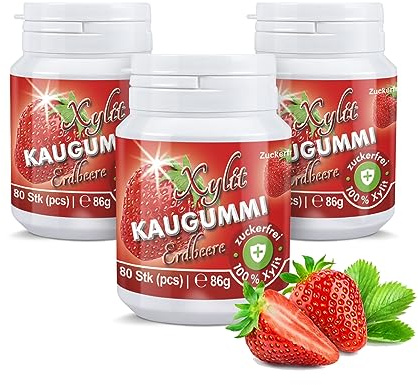 Xylit Kaugummi - Tschüß Karies: 240 zuckerfreie Zahnpflegekaugummi - 100% Xylit, ohne Aspartam, vegan - angenehmer Atem & frischer Mund - Erdbeer-Geschmack (3 Dosen)