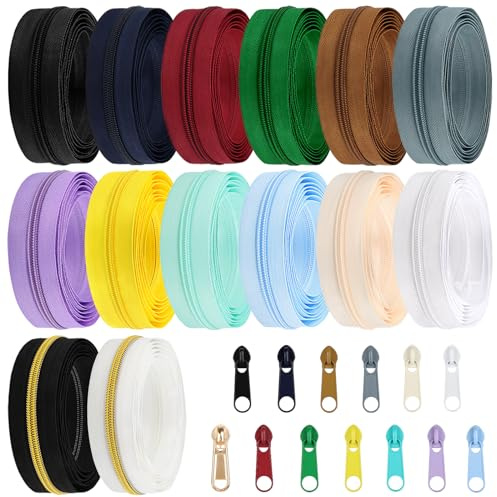 DOITEM 30.5 yardas/28 m, 14 cremalleras de bobina de nailon #5 de colores surtidos, cremalleras de costura sin fin con 56 deslizadores de cremallera, cabezales de cremallera para bricolaje, costura