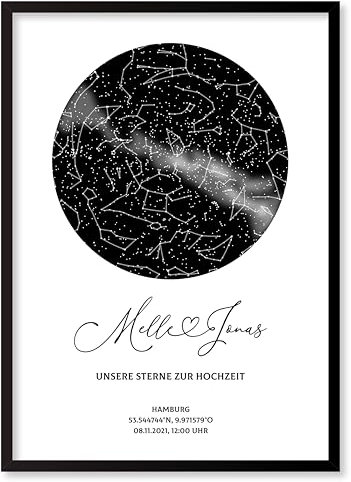 Personalisierte Sternenkarte - Sternenhimmel Poster - Die Sternenkarte vom Wunschdatum mit Wunschtext - Personalisiertes Geschenk - Valentinstag, Hochzeit, Verlobung (Rahmen optional)