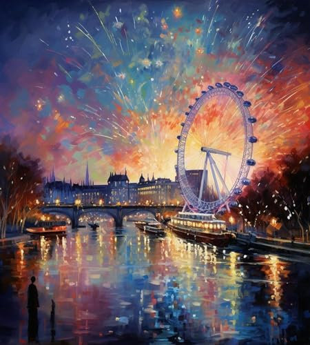 SonGxu DIY Malen nach Zahlen,London Eye Night View Feuerwerksfest,Leinwand-Ölgemälde-Set für Erwachsene,40x50cm,ohne Rahmen