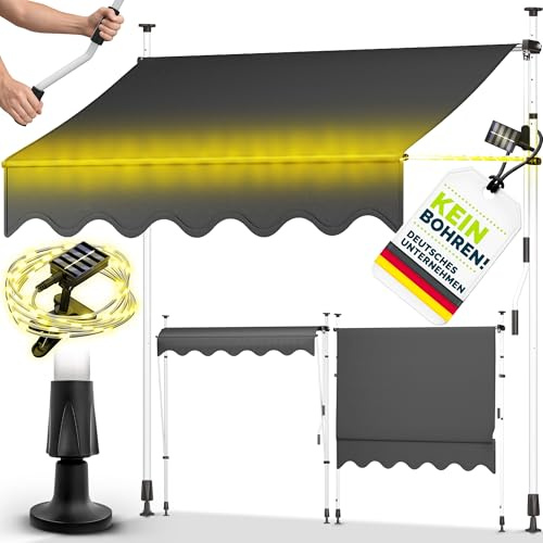 tillvex Klemmmarkise 400cm mit Handkurbel & LED Lichterkette Balkonmarkise | Markise Balkon UV-beständig, wasserdicht & höhenverstellbar | Outdoor Sonnenschutz zum Klemmen für Terrasse & Garten