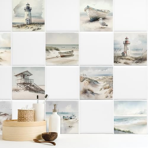 GRAZDesign Fliesenaufkleber Bad & Küche, maritim Leuchtturm Strand Watercolor, Klebefliesen selbstklebend - 20x25cm / 20 Stück