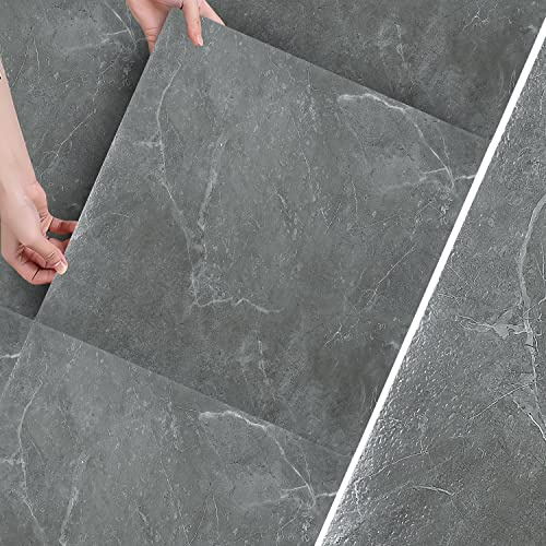 Fogmiea PVC-Bodenfliesen selbstklebend, Marmoroptik, 1 m², Grau Marmor | Quadratische PVC-Fliesen in Marmoroptik; selbstklebend, wasserfest, rutschfest und schwer entflammbar; 11 Stück für 1 m².