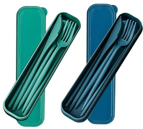 FunnAura 2PCS Plastic Cutlery Set Reusable with Case, Portable Travel Cutlery for Lunch Box, for Picnic Outdoor (Green, Blue)