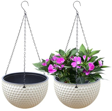 2er Pack Blumenampel Hängend Außen | Selbstbewässerung Hängende Blumentöpfe | Hängepflanze Blumentopfkorb mit Wasserspeicher & Ablaufloch Bienenwabe Hängekorb für Garten Balkon Dekoration
