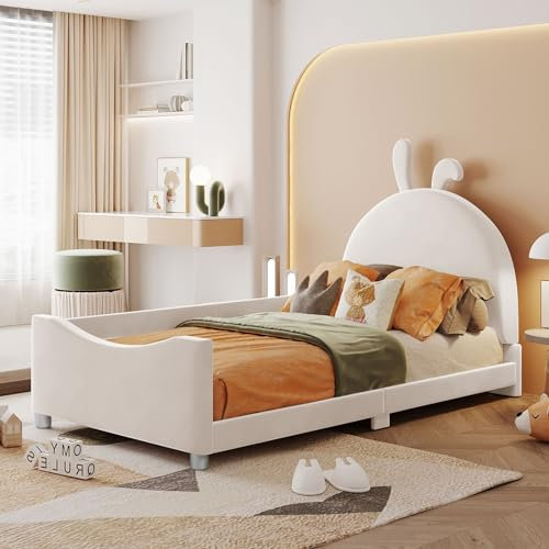 Skcess Kinderbett Polsterbett 90X200Cm Schlafsofa Bettgestell Flanell Hochbett Mit Rückenlehne Armlehne Eltern-Kind-Bett Jugendbett Gästebett Beige