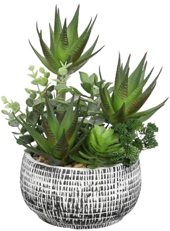 Hollyone 29cm Sukkulenten Pflanzen Künstlich im Keramiktopf, Getöpferte Faux Sukkulente mit Aloe Eukalyptus Dekorative Pflanze, Kunstpflanzen Sukkulenten für Tischdeko Haus Bad Regal Dekoration