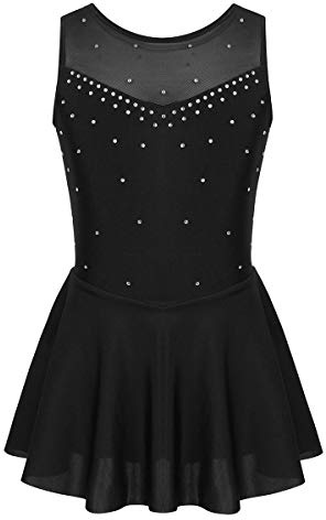 Freebily Vestito Pattinaggio Artistico Bambina Senza Maniche Strass Body Ginnastica Artistica Ballerina Tutu Danza Classica Balletto Abito Ballo Latino Dancewear Nero 11-12 Anni