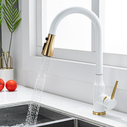 Kitchen Mixer Tap with Pull Out Spray Stainless Steel Hot and Cold Water Dual Mode 360° Swivel Kitchen Sink Tap-White+Gold