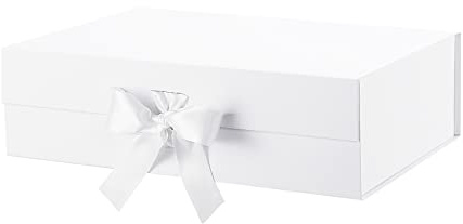 PKGMAGIC Geschenkbox, extra groß, 41,4 x 36,07 x 12,7 cm, Geschenkbox mit Band, extra große Geschenkbox mit Deckel, Geschenkbox für Kleidung und große Geschenke (glänzend weiß)