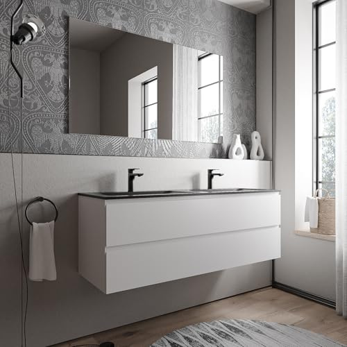 BERNSTEIN Badmöbel-Set AVA 140cm bestehend aus Mineralguss-Doppel-Waschbecken mit Unterschrank in Weiß matt, Waschtisch Bruxelles - Schwarz matt mit Hahnloch, Ideal für große Bäder