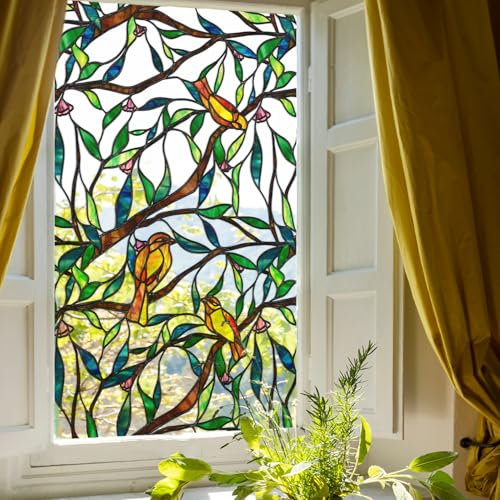 funlife Privacy Stained Glass Window Film, Frosted Non-Adhesive Glass Film, Static Cling Decorative Window Vinyl, Double-Sided Original Hand-Drawn Film, Yellow Bird on Branch
