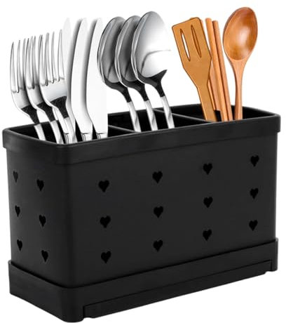 LUFEIS Kitchen Utensils Holder, Stainless Steel Utensil Holder, Large Capacity Cutlery Holder with 3 Compartments, Multifunctional Countertop Utensil Drainer for Flatware, Forks, Knives, Spoons