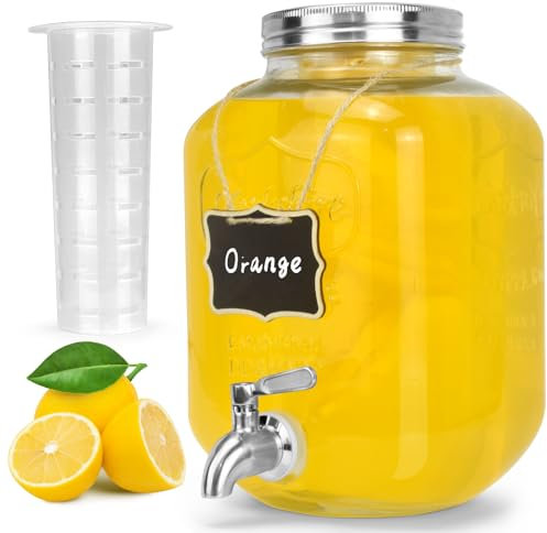 DD&HAPP Glass Beverage Dispenser With Stainless Steel Spigot,1.2 Gallon Mason Jar Drink Dispenser,Sun Tea,Lemonade & Juice Dispenser for Parties, Weddings & Events.Leak-Proof, Infuser Included.