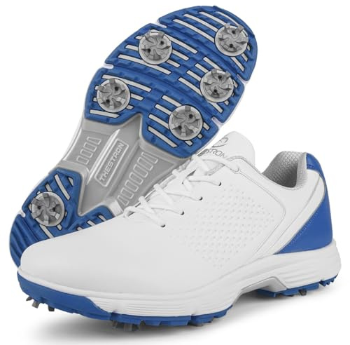 Chaussures de golf imperméables pour homme - Chaussures de golf pour la marche en plein air - Pour golfeurs, blanc/bleu, 49.5 EU