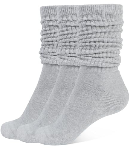 CLOSEMATE Womens Calf Socks Slouch Socks Extra Long Knee High Scrunch Stacked Sock Cotton Boot Socks for Women Girls One Size(3 Grey)